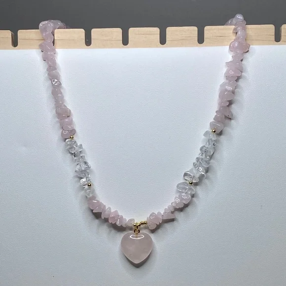 Rose Quartz Heart Pendant Beaded Necklace - Pink - Picture 4 of 9